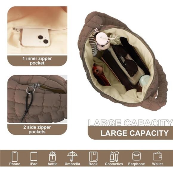 Quilted Puffer Tote Bag for Women Lightweight Nylon Crossbody Shoulder Purse - Picture 4 of 7